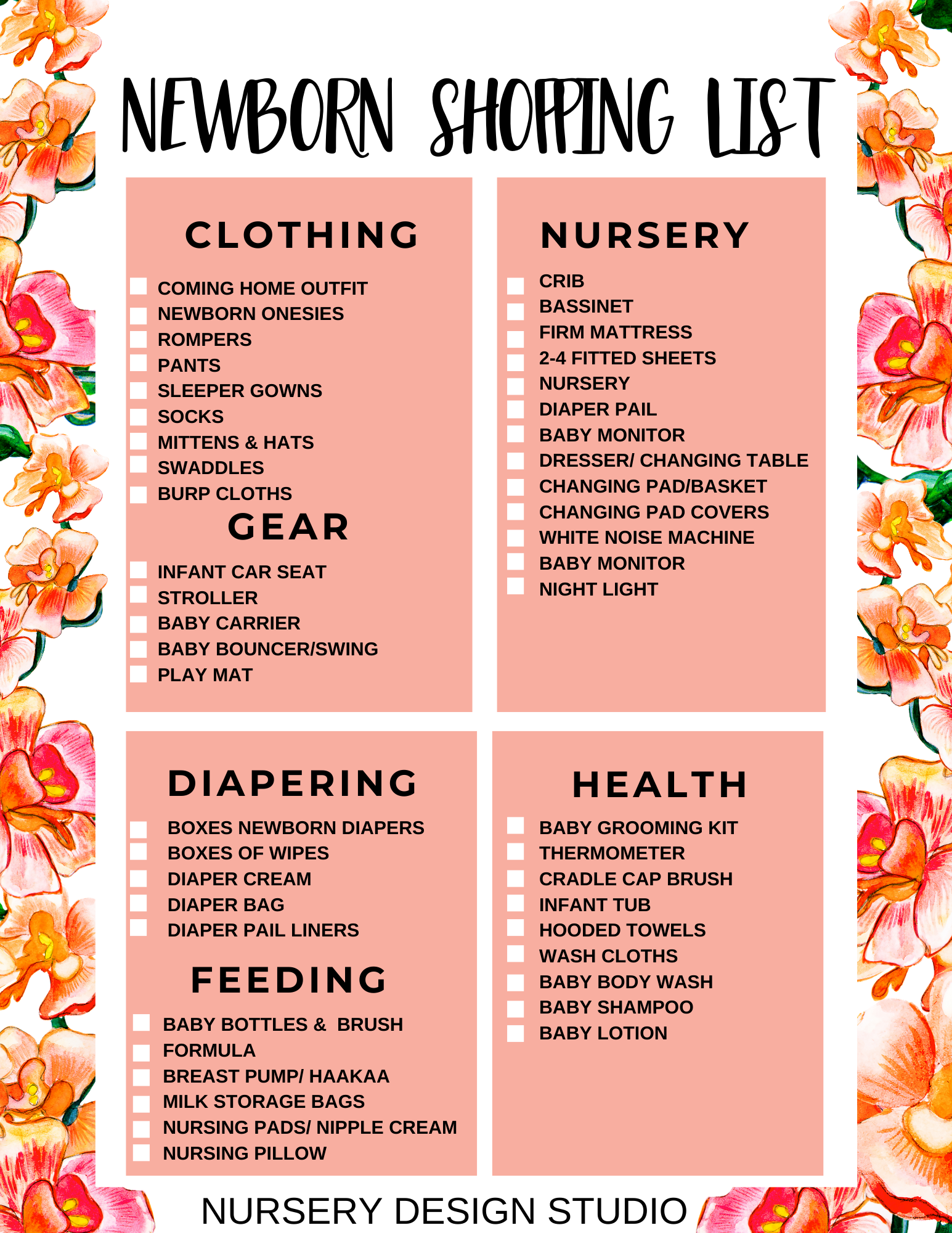 NEWBORN BABY SHOPPING LIST