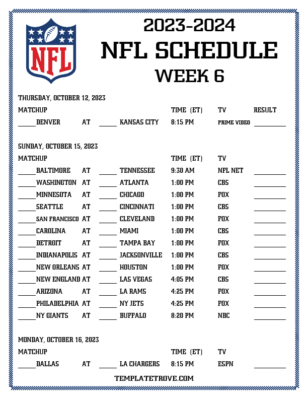 Printable 2023-2024 NFL Schedule Week 6