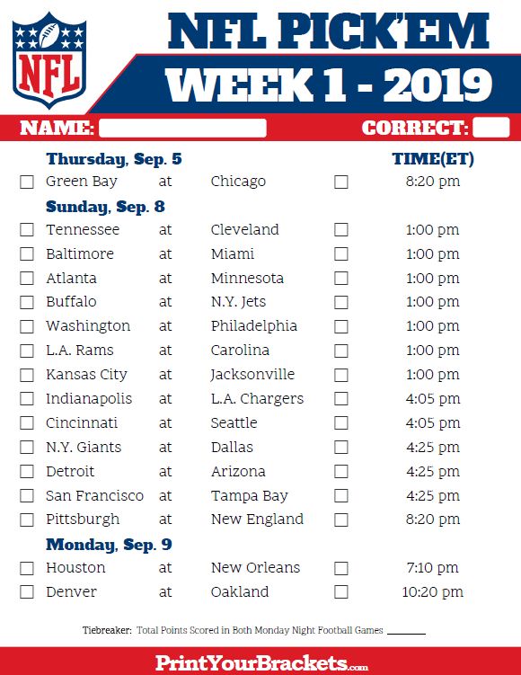 Printable NFL Week 1 Schedule Pick em Pool 2024