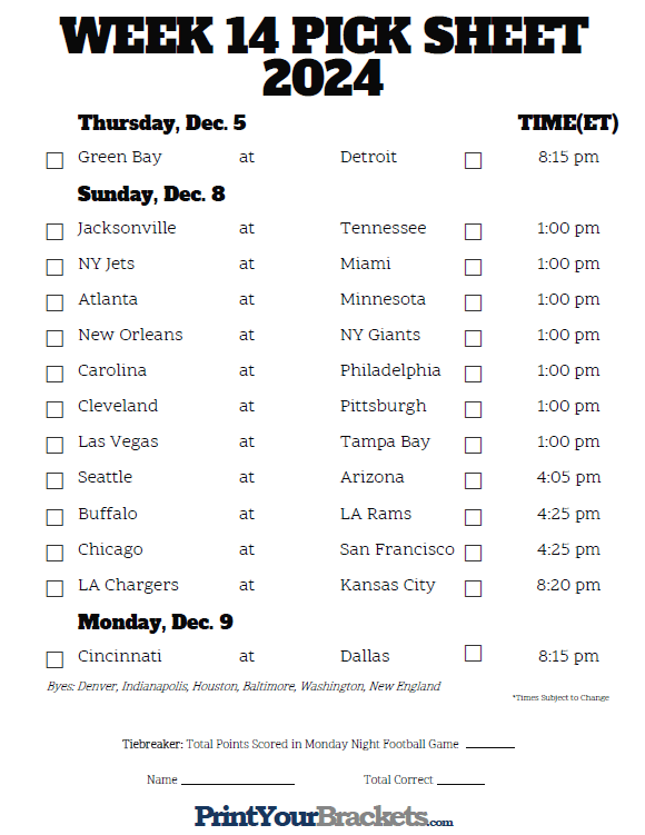 Printable NFL Week 14 Schedule Pick em Pool 2024