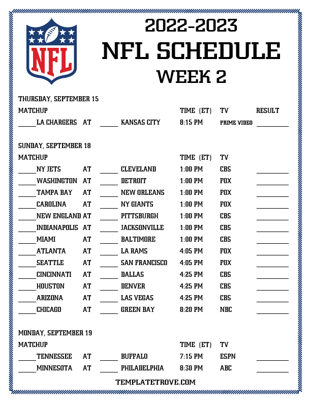 Printable 2022-2023 NFL Schedule Week 2