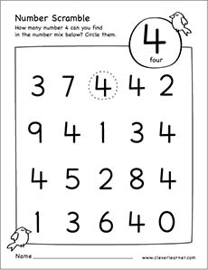 Number scramble activity worksheet for number 4 for preschool children