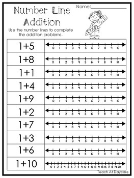 15 Number Line Addition Printable Worksheets. PreK-1st Grade Math.