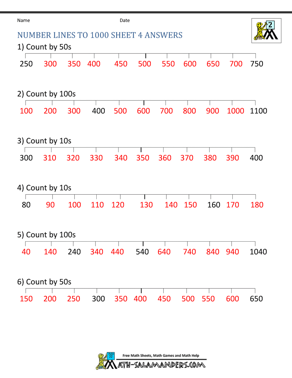 Number Line Worksheets up to 1000