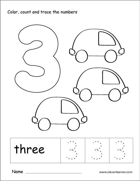 Number 3 tracing and colouring worksheet for kindergarten ...