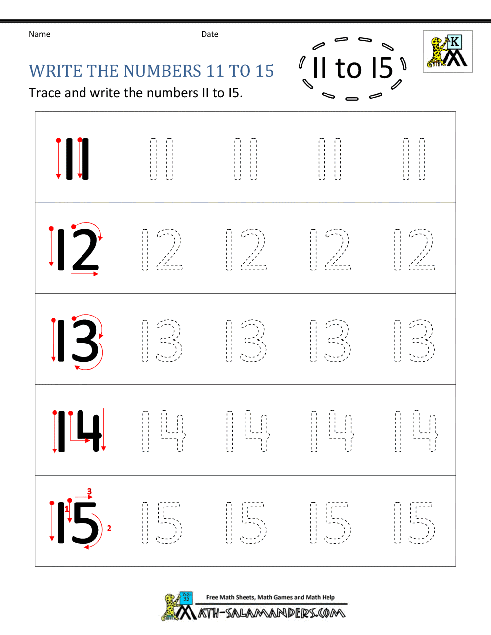 Kindergarten Writing Worksheets - Numbers to 11 to 20