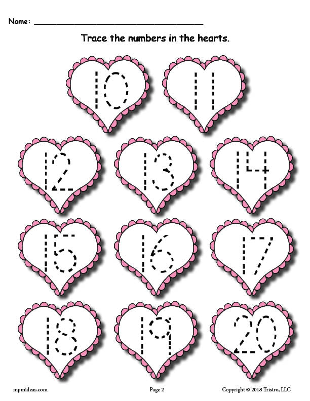 Printable Valentines Day Number Tracing Worksheets 0-20!
