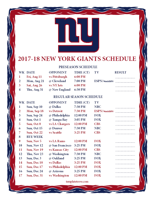 Printable 2017-2018 New York Giants Schedule