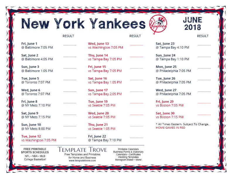 printable ny yankees schedule 2018