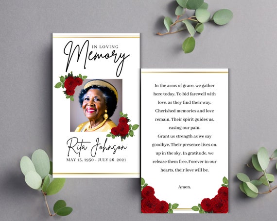 Editable Funeral Prayer Card Template, Funeral Poem Card, Red Rose ...