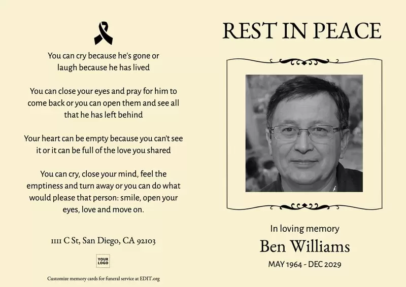 Personalize obituary and memory cards for funeral