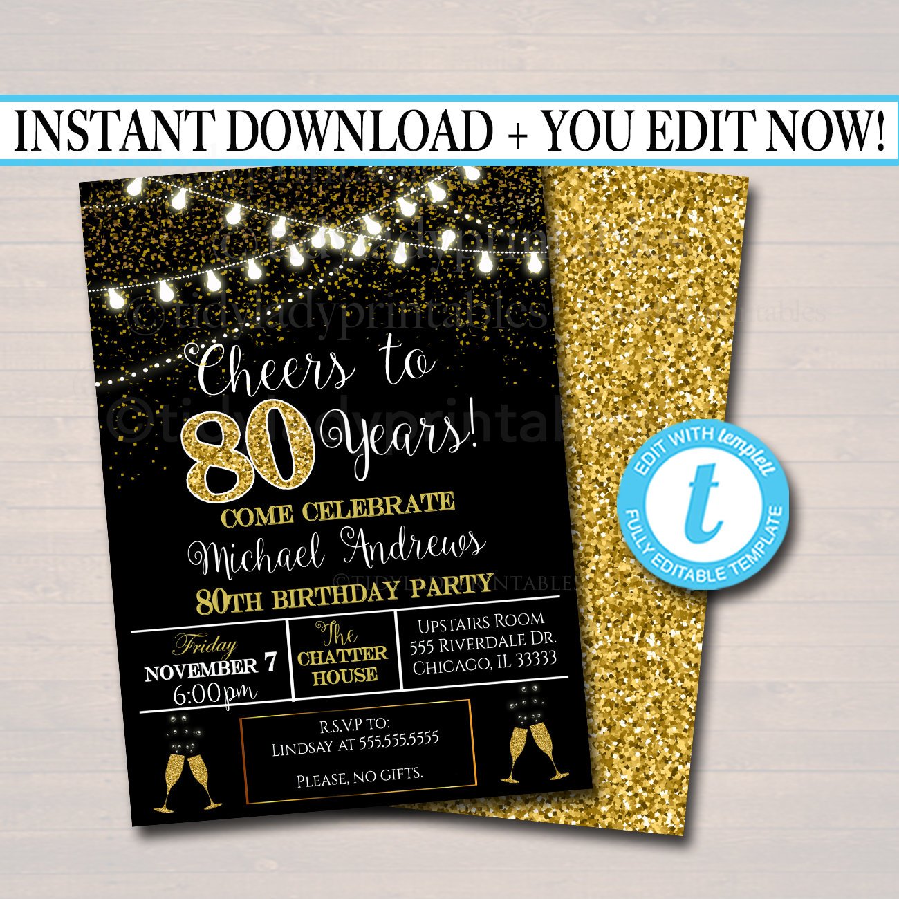 80th Party Invitation, Birthday Printable Cheers to Eighty Years ...
