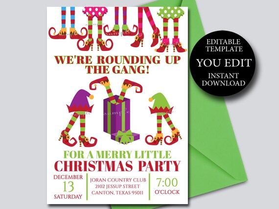 Christmas Holiday Party Invitation, Editable Template, Elf Feet ...