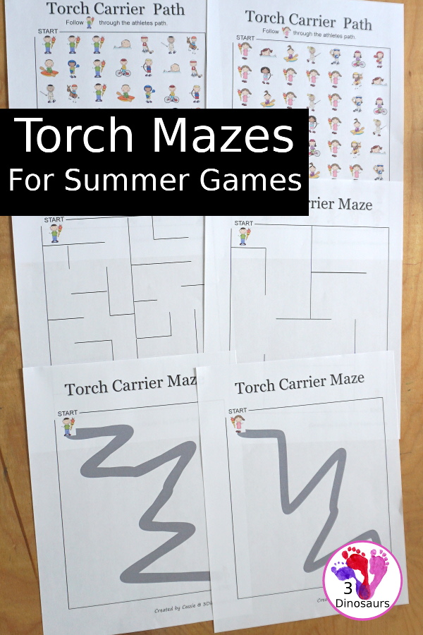 Free Torch Maze Printables for the Summer Games - 3 Dinosaurs