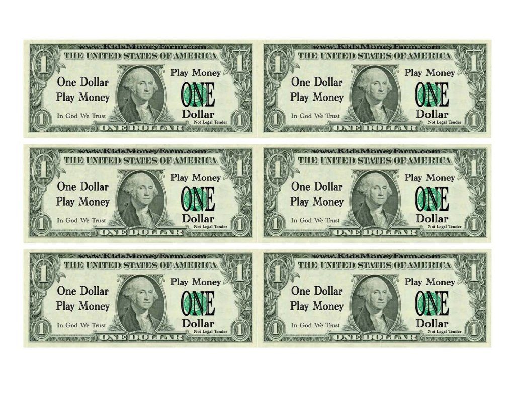 printable one dollar play money