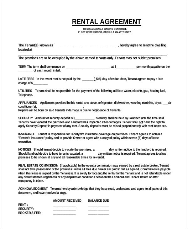 printable one page rental agreement