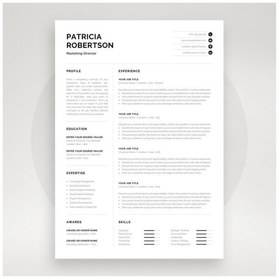 Professional 1 Page Resume Template | Modern One Page CV | Word ...