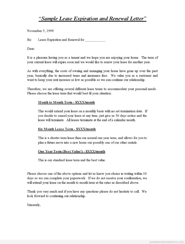 Printable Sample Lease Expiration And Renewal Letter Standard ...