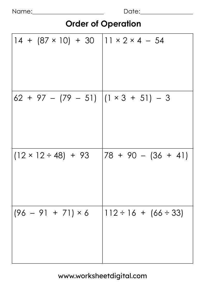 printable order of operations worksheet