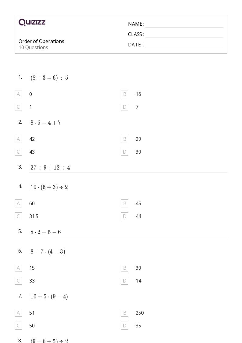 printable order of operations worksheet