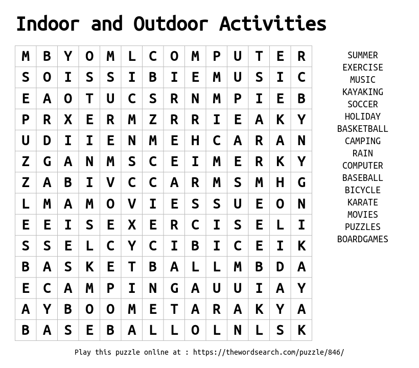 Download Word Search on Indoor and Outdoor Activities