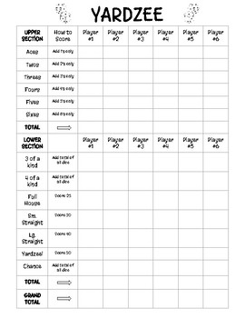 Yardzee Scoring Sheet - Giant Yahtzee Math Game by Active from A - Z