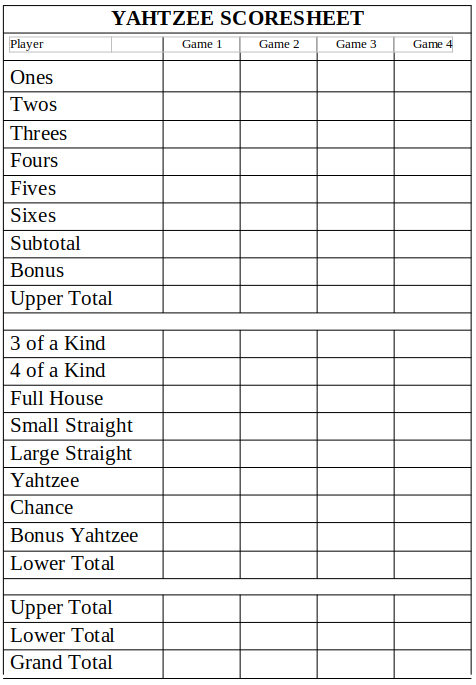 Yahtzee Score Card - Download and Print Free Yahtzee Score Sheets