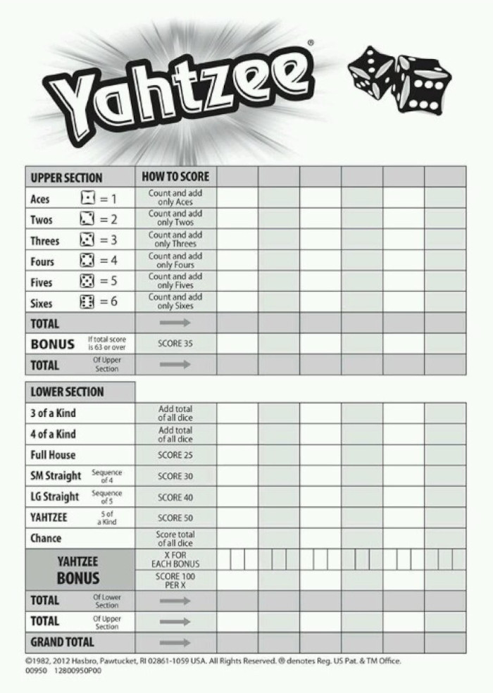 Yahtzee Score Card - Download and Print Free Yahtzee Score Sheets
