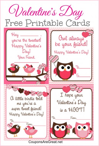 Free Printable Valentines Day Cards for Kids with Owls and Birds