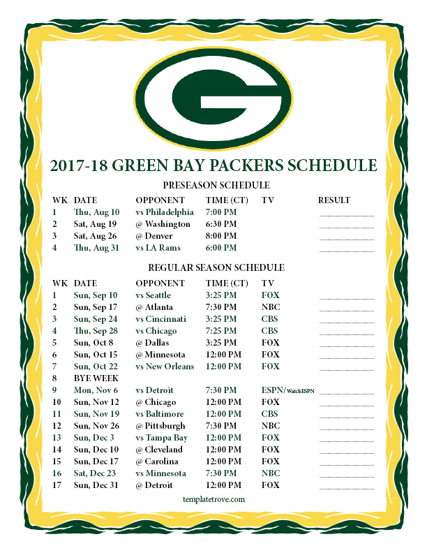 8 Green Bay Packers NFL Schedule 2017. ideas | packers schedule ...