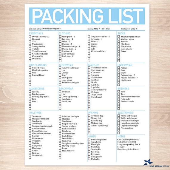 Modern Light Blue Printable Packing List, 8.5x11, Editable PDF ...