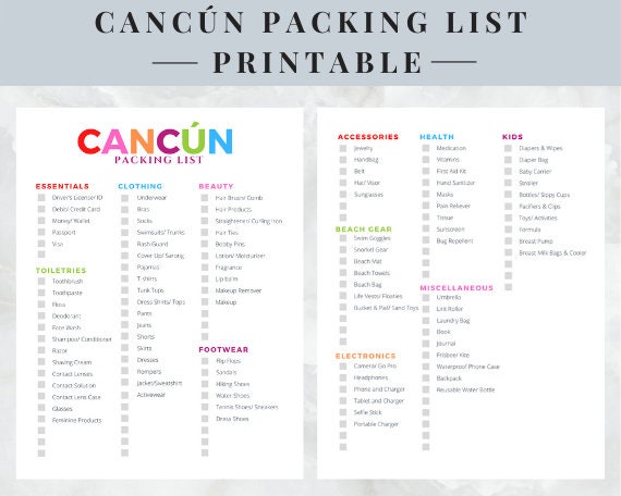 Cancun Packing List Mexico Packing List Printable Instant Download ...