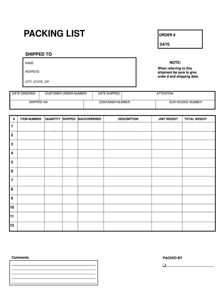 printable packing list blank