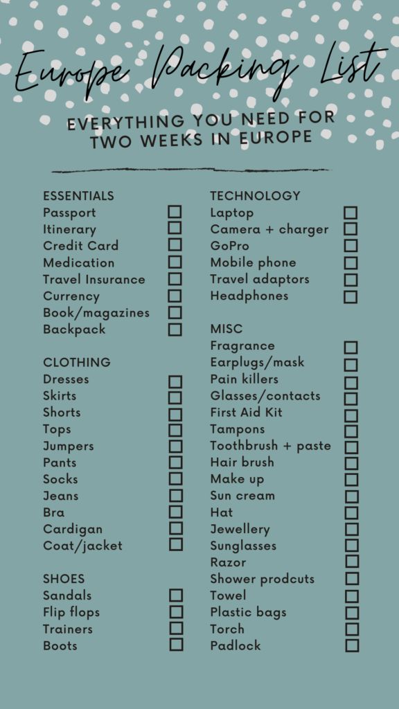 printable packing list europe