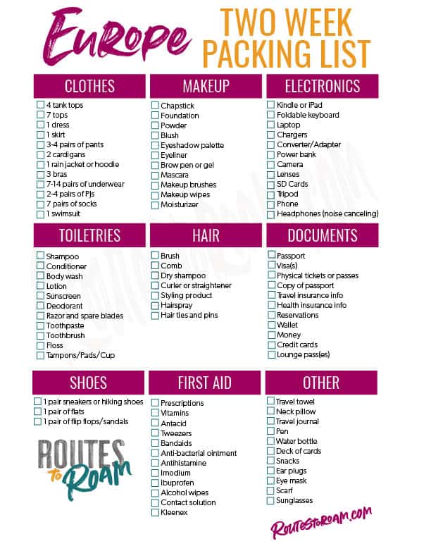 printable packing list europe