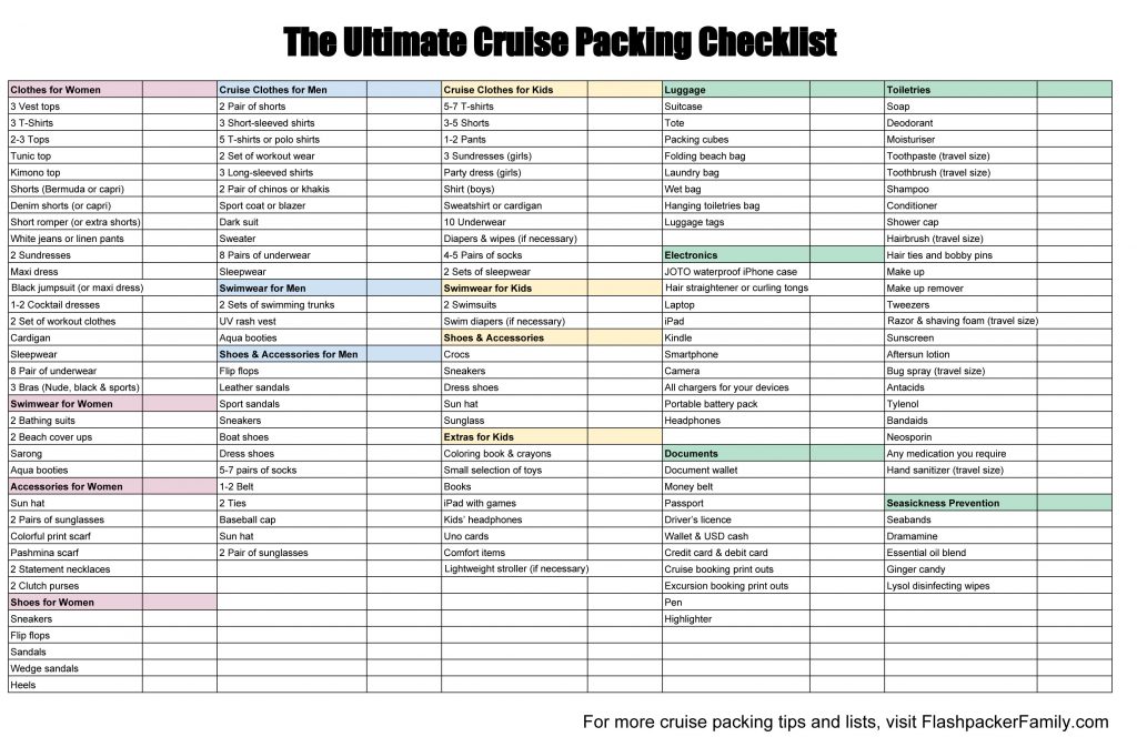 printable packing list for 7 day cruise