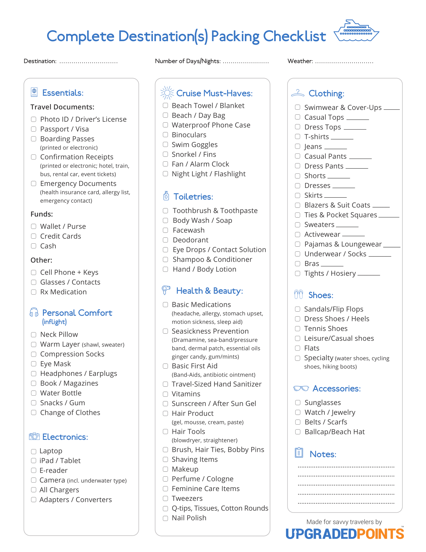 printable packing list for 7 day cruise
