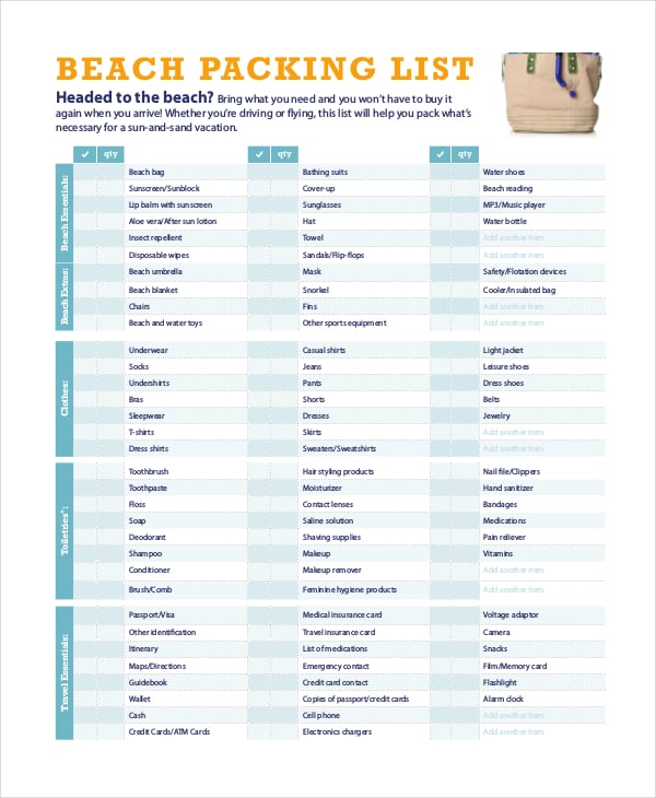 printable packing list for beach vacation