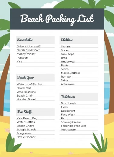 printable packing list for beach vacation