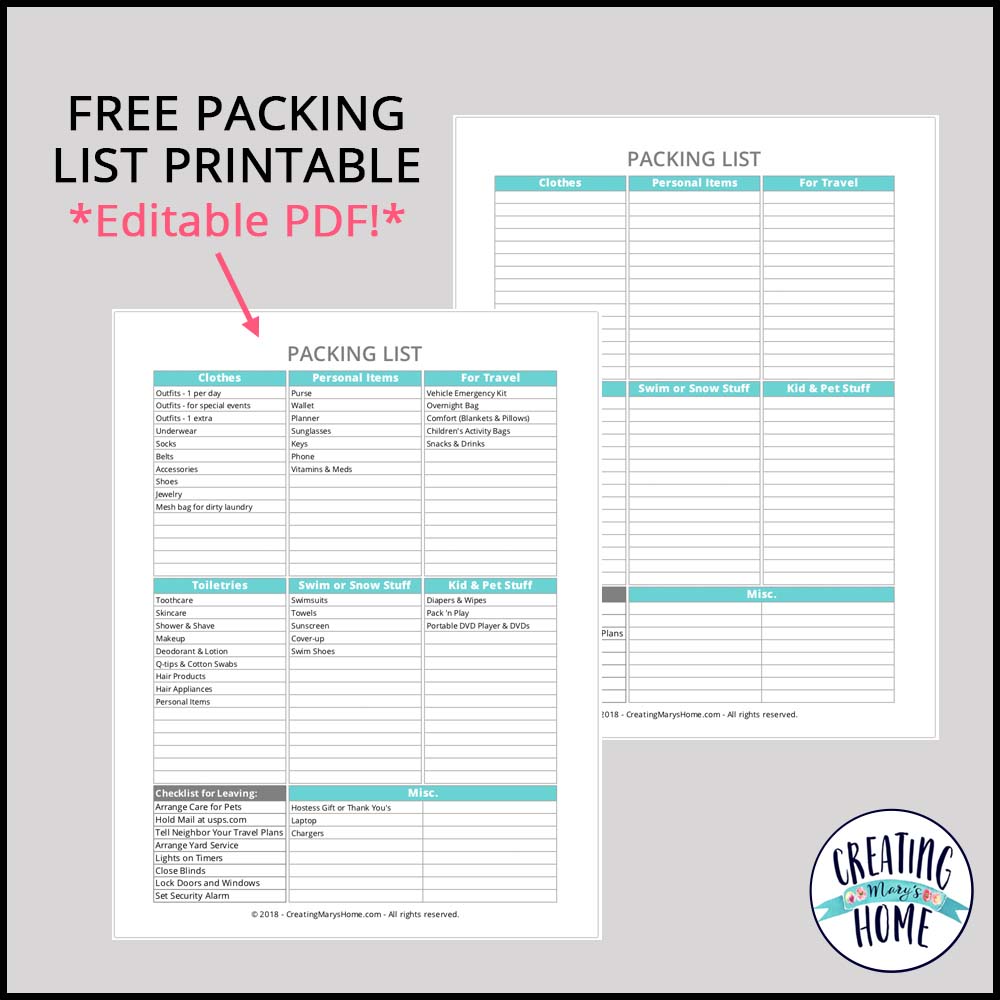 printable packing list for business trip
