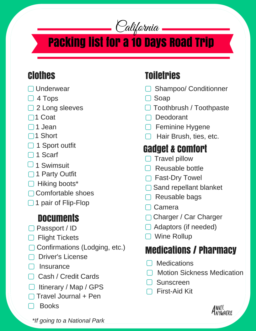 printable packing list for california