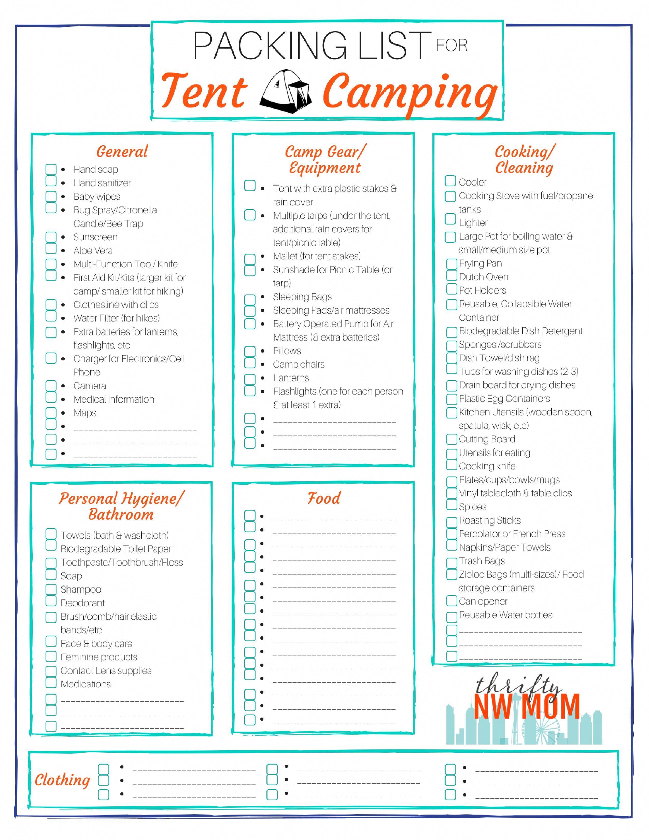 Packing List for Tent Camping - Free Printable