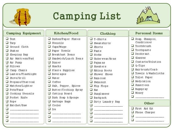 Camping Trip Packing List and Meal Plan Printable Bundle  
