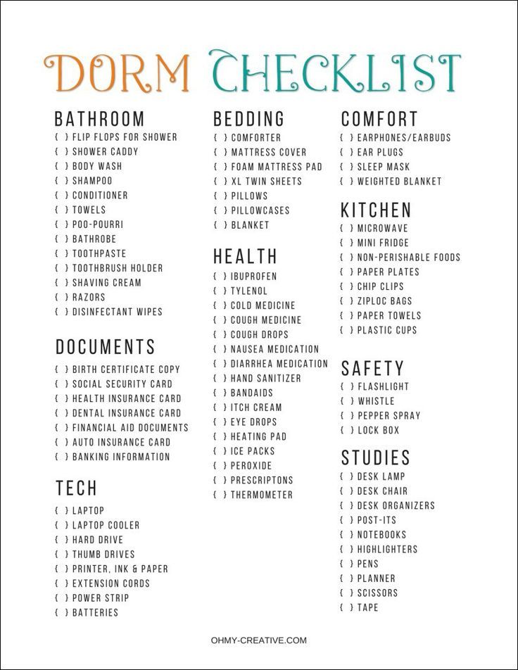 printable packing list for college