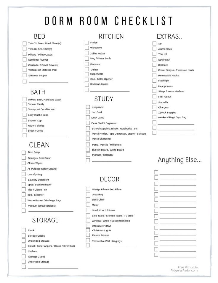 College Dorm Essentials Plus Free Printable Checklist