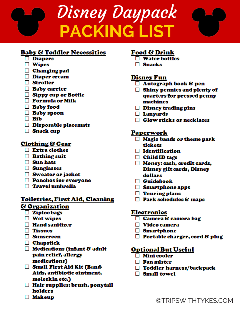 Packing List for Your Disney Daypack (Free Printable!) - Trips ...