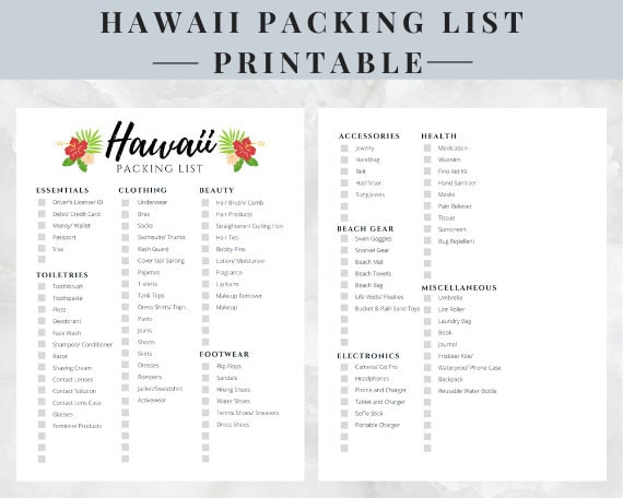 Hawaii Packing List Printable Instant Download   Sweden
