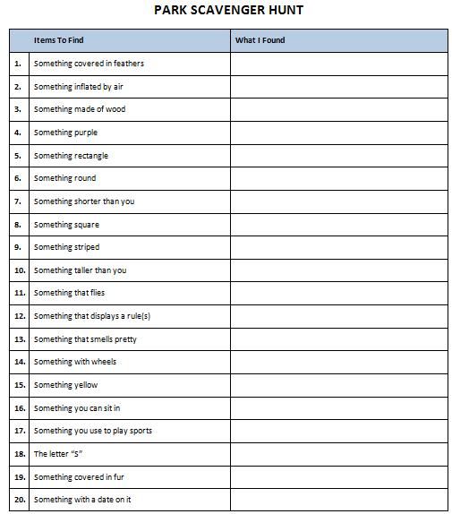printable park scavenger hunt