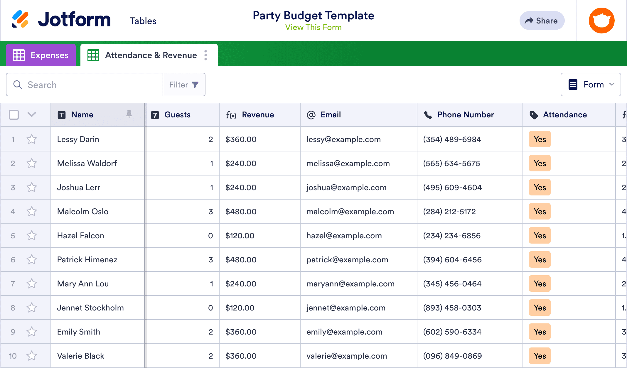 Party Budget Template | Jotform Tables