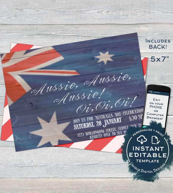 Australia Day Invitation, Editable Rustic Aussie Invite, Aussie Oi Oi